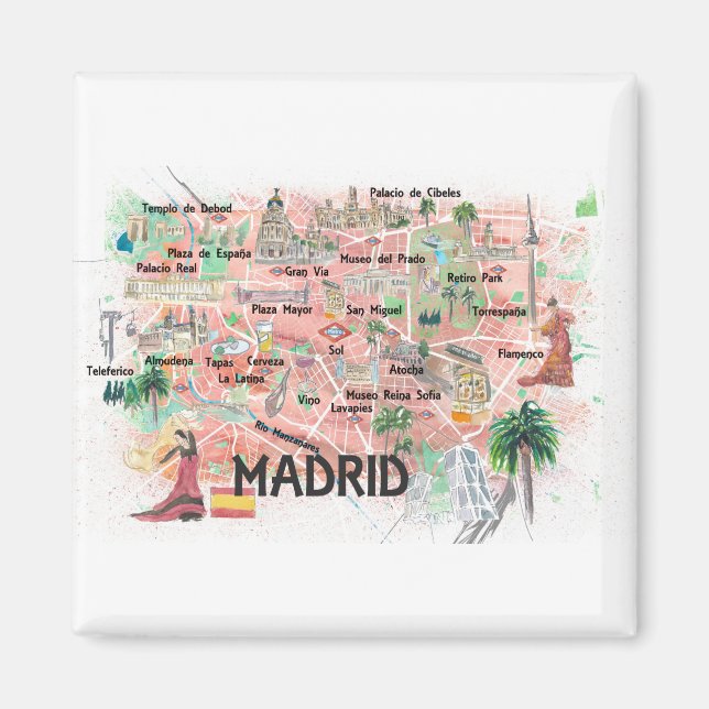 Aimant Madrid Espagne Carte illustrée avec les routes pri (Devant)