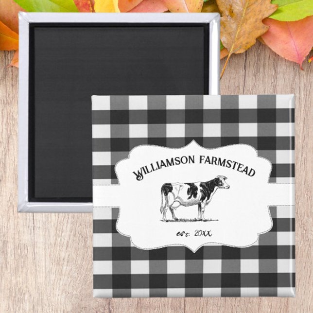 Aimant Magnat de vache de ferme de Buffalo noir (Black Buffalo Plaid Farm Cow Kitchen Magnet)