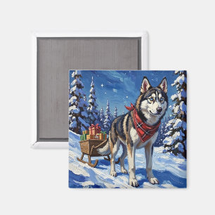 Aimant Magnifique Husky Sibérien Tirant un Traîneau de No