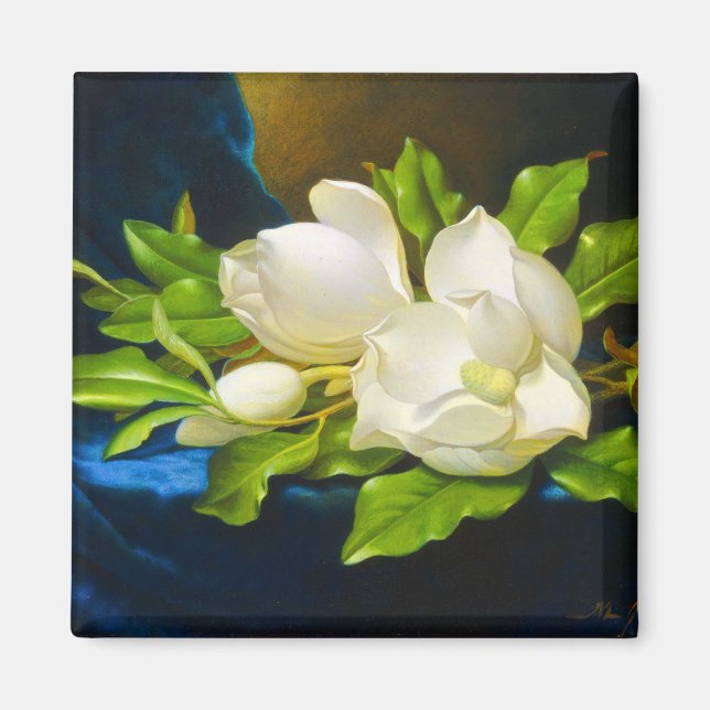 Aimant Magnolias géant sur toile de velours bleu (Devant)