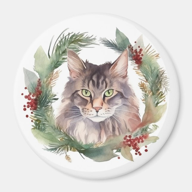 Aimant Maine Coon Chat Noël Wreath Festive Kitten (Devant)