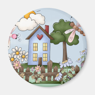 Aimant Maison de campagne Cute Blue au soleil