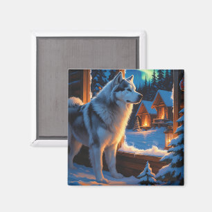 Aimant Malamute d'Alaska avec lumières de Noël vacances
