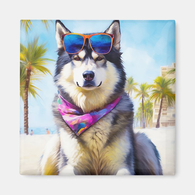 Aimant Malamute d'Alaska sur la plage, cadeau d'été (Devant)