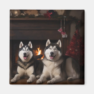 Aimant Malamute en Alaska près de la cheminée Noël