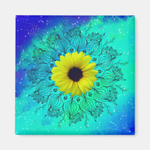 Aimant Mandala et tournesol bleu turquoise