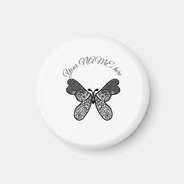 Aimant Mandala papillon boho complexe noir et blanc A (Devant)