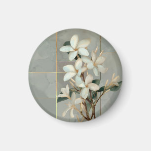 Aimant Marbre à ligne dorée et fleur de magnolia blanc