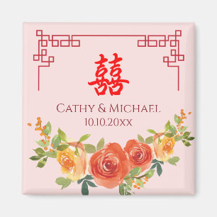 Aimant Mariage à cadre chinois de fleurs jaunes orange