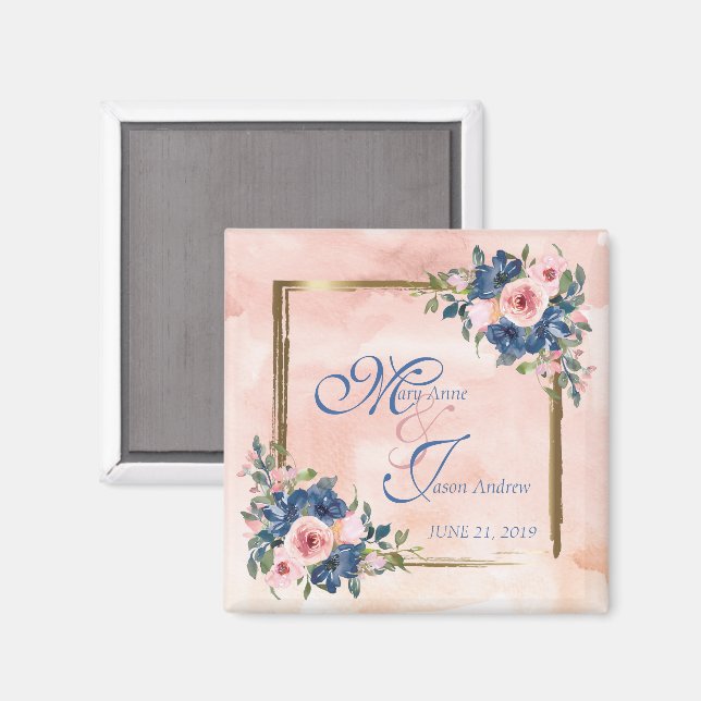 Aimant Mariage aquarelle marine et rose (Recto/Verso)
