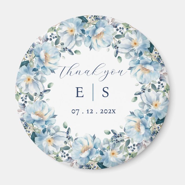 Aimant Mariage bleu poussiéreux fleuri couronne merci aim (Devant)