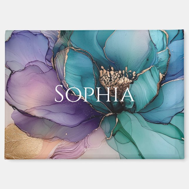 Aimant Mariage civil Fleur Violet Bleu Aqua Or (Recto)