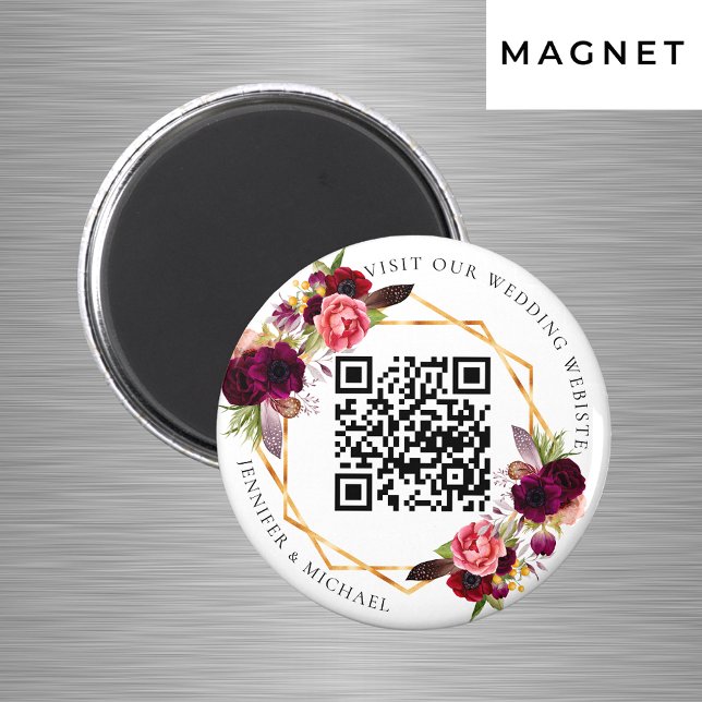 Aimant Mariage code QR géométrique doré floraux Bourgogne (Créateur téléchargé)
