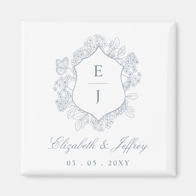 Aimant Mariage de monogramme de crête florale bleu-poussi (Devant)