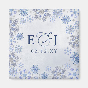 Aimant Mariage d'hiver flocons de neige bleu argent Monog
