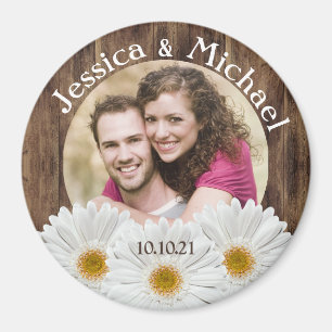 Aimant Mariage photo de White Daisy Rustic Wood Date de s
