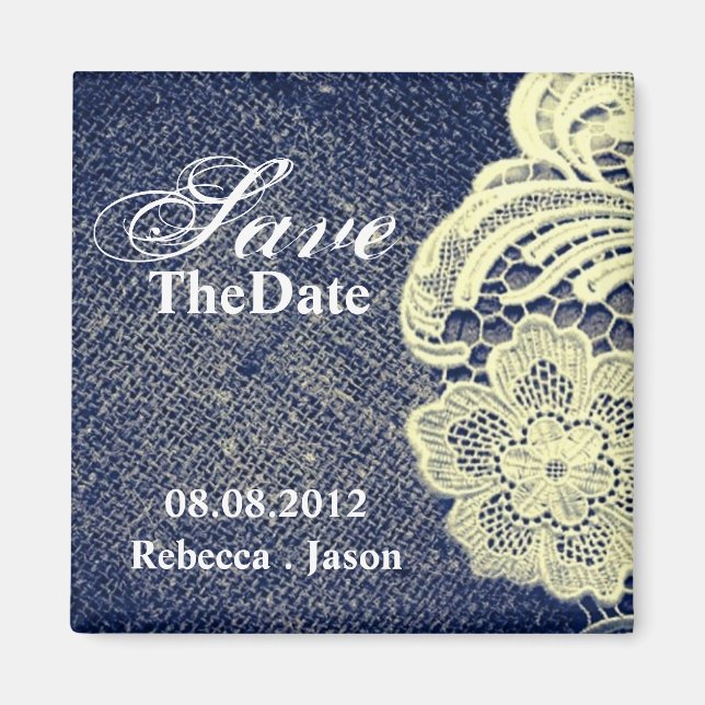 Aimant marine bleu burlap dentelle rustique mariage enreg (Devant)