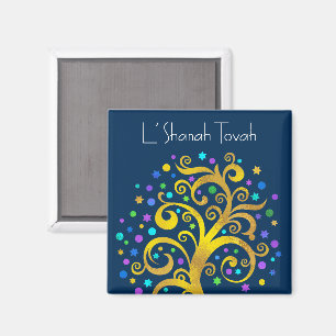 Aimant Marine Blue Rosh Hashanah Gold Tree of Life Modern