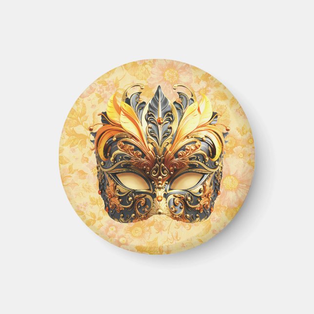 Aimant Masque de plumes jaunes sur motif floral (Devant)