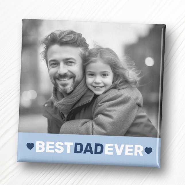 Aimant Meilleur papa jamais coeur photo bleu fête des pèr (Best dad ever photo hearts blue fathers day magnet)