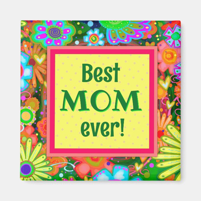 Aimant Meilleure Maman Jaune Joli Coeurs Whimsical Floral (Devant)