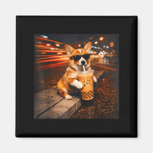 Aimant Mème de chien mignon corgi drôle buvant du café gl