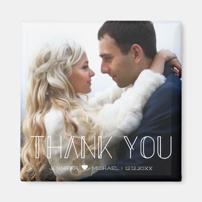 Aimant merci white tendance typographie photo mariage (Devant)