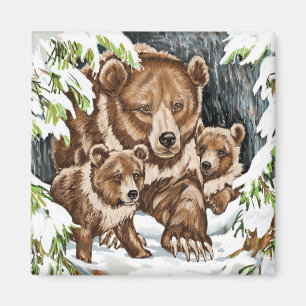 Aimant Mère et CUB d'ours gris en hiver