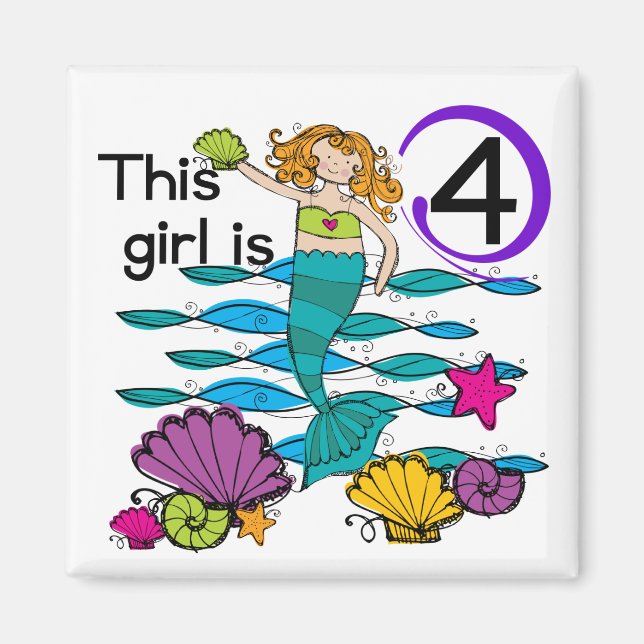 Aimant Mermaid 4th Birthday Tshirts and Gifts (Devant)