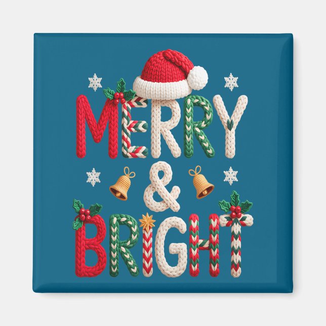 Aimant Merry &amp; Bright Christmas Santa Hat Crochet Kni (Devant)