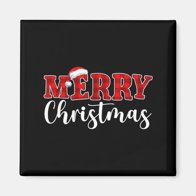 Aimant Merry Christmas Buffalo Plaid Red Santa Hat Xmas P (Devant)