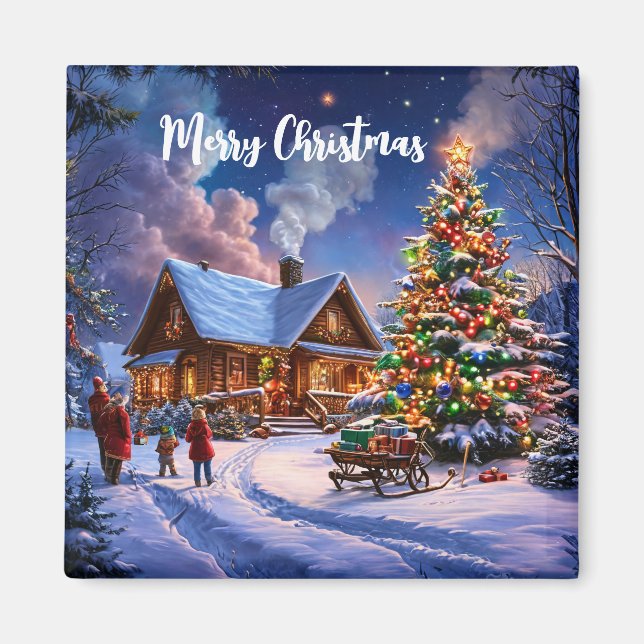 Aimant Merry Christmas Cozy Snowy Cabin in the Forest (Devant)