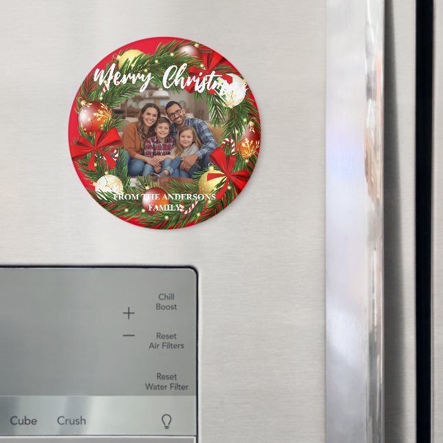 Aimant Merry Christmas Wreath Photo Personalized Family N (In situ (réfrigérateur))