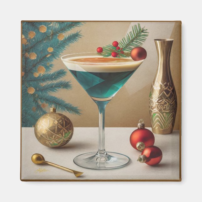Aimant Mi-Siècle Cocktail de Noël Fête Happy Hour (Devant)