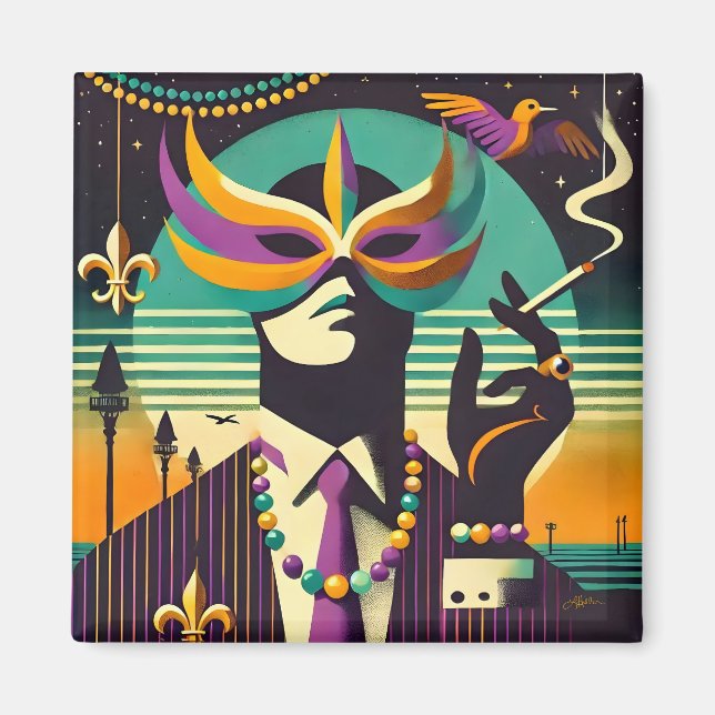 Aimant Mid Century Retro 60s Mardi Gras The Smoking Man (Devant)