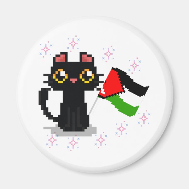 Aimant mignon chat noir tient drapeau de la Palestine (Devant)