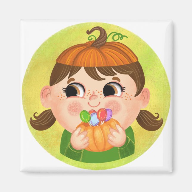 Aimant Mignonne fille en costume d'Halloween Citrouille (Devant)