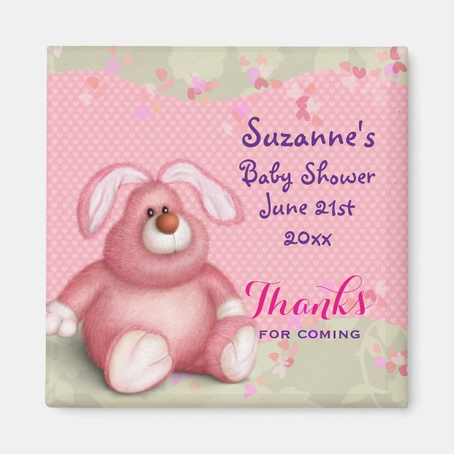 Aimant Mignonne lapin rose avec Coeur Baby shower Merci (Devant)