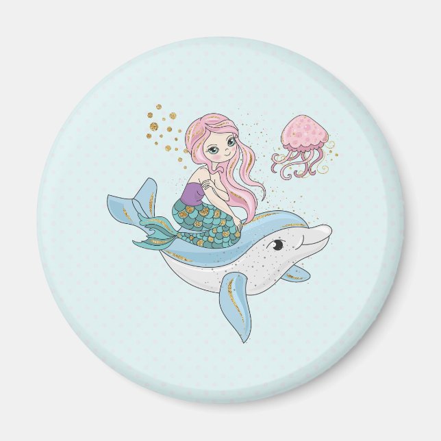 Aimant Mignonne sirène chevauchant un dauphin sous la mer (Devant)