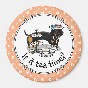 Aimant Mignonne Tea Party Dachshund Dog (noir & bronzage)