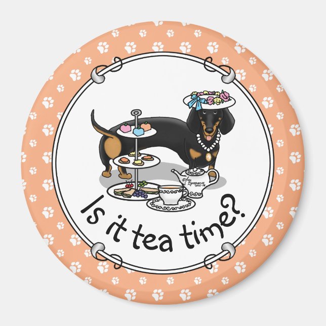 Aimant Mignonne Tea Party Dachshund Dog (noir & bronzage) (Devant)