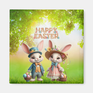 Aimant Mignonne, Whimsical Joyeuse Pâques avec 2 lapins