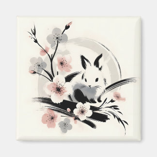 Aimant Minimalist Zen Ink Bunny Cherry Blossoms