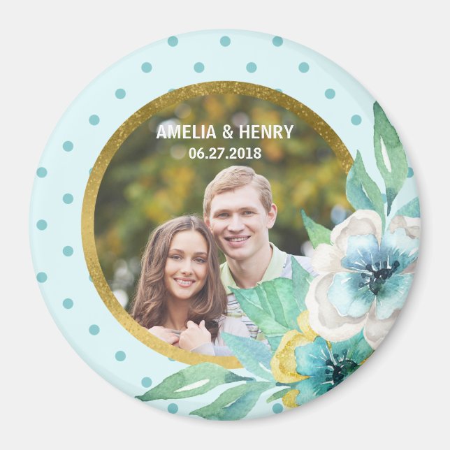 Aimant Mint Faux Gold, Aquarelle Florale Mariage Photo (Devant)