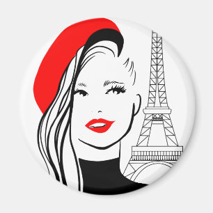 Aimant Mode illustration femme française au béret rouge