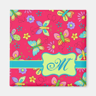 Aimant Modern Whimsy Butterflies on Red Monogram Personal