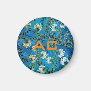 Aimant Moderne Monogramme Bleu Floral Chic