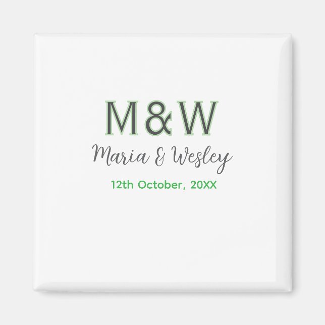 Aimant Monogramme couple gris vert moderne date romantiqu (Devant)
