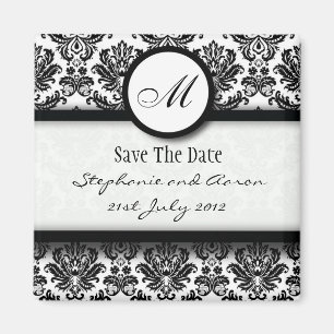 Aimant Monogramme Damas noir et blanc Enregistrer la date