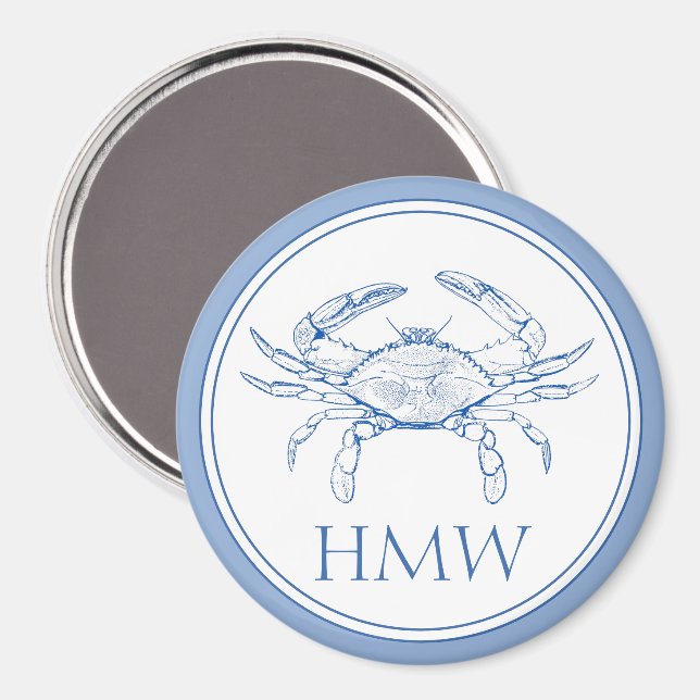 Aimant Monogramme de crabe bleu et blanc côtier (Recto/Verso)